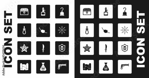 Set Pirate hook, eye patch, Gallows rope loop hanging, Antique treasure chest, Ship steering wheel, Alcohol drink Rum, Shield with pirate skull and Starfish icon. Vector