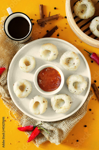 Mangalorean typical breakfast: pundi rice with spiced coffee photo