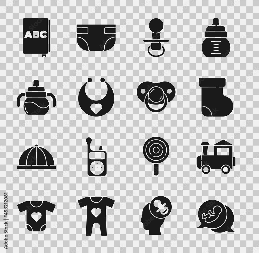Set Baby, Toy train, socks clothes, dummy pacifier, bib, bottle, ABC book and icon. Vector Set Baby, Toy train, socks clothes, dummy pacifier, bib, bottle, ABC book and icon. Vector
