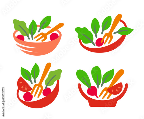 Vegan salad logos vector. Healthy food in bowl.