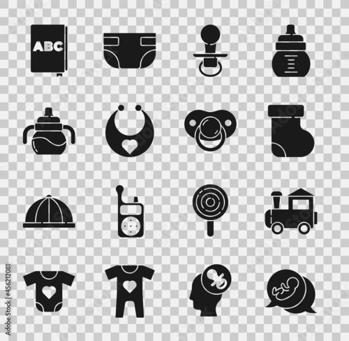 Set Baby, Toy train, socks clothes, dummy pacifier, bib, bottle, ABC book and icon. Vector