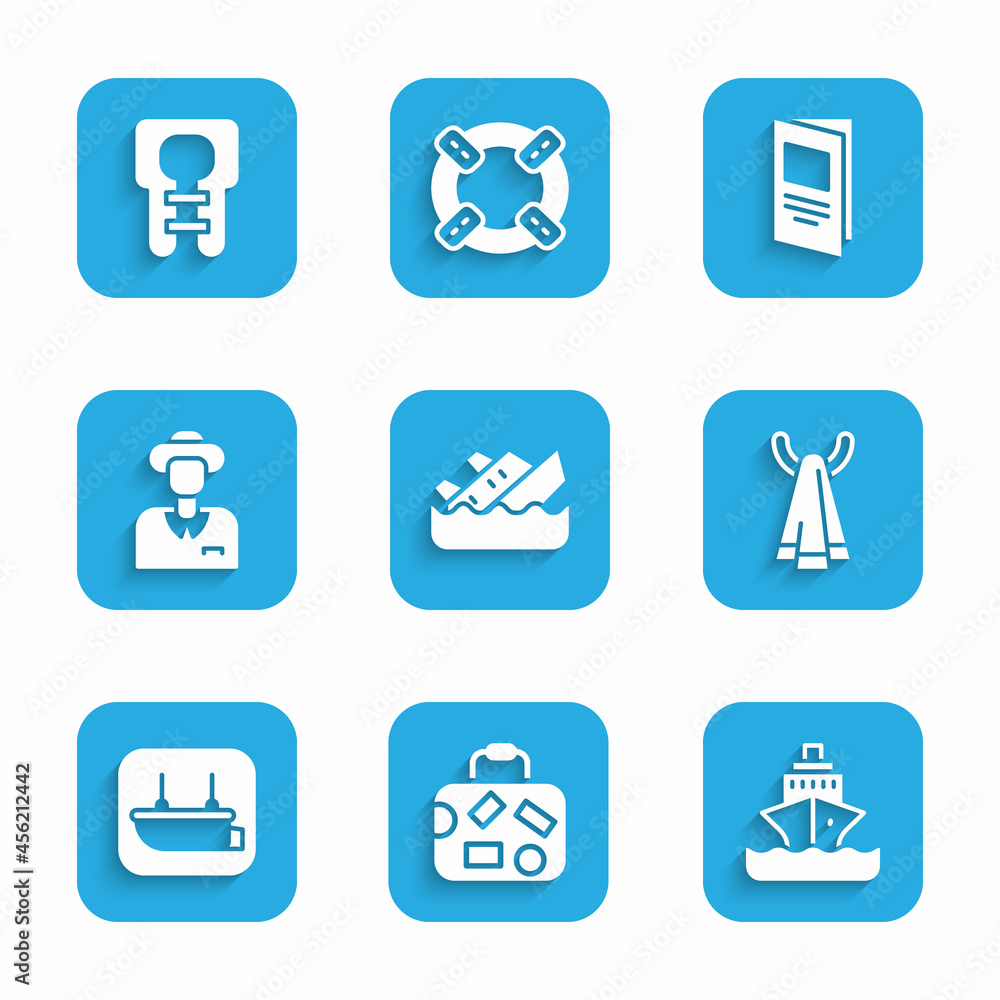 Set Sinking cruise ship, Suitcase, Cruise, Towel on hanger, Lifeboat, Tourist, Brochure and jacket icon. Vector Set Sinking cruise ship, Suitcase, Cruise, Towel on hanger, Lifeboat, Tourist, Brochure and jacket icon. Vector