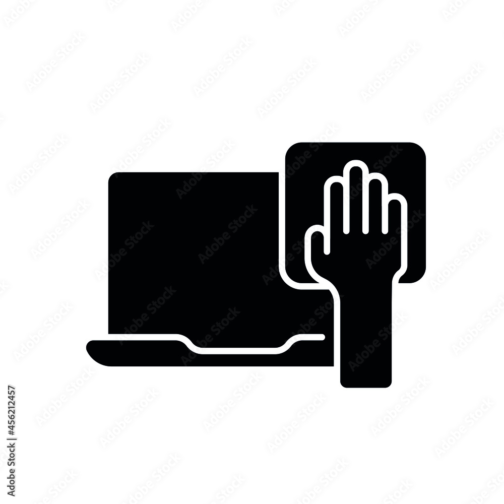 Laptop disinfection glyph icon. Hand with rag. Vector fill black illustration. Laptop disinfection glyph icon. Hand with rag. Vector fill black illustration.