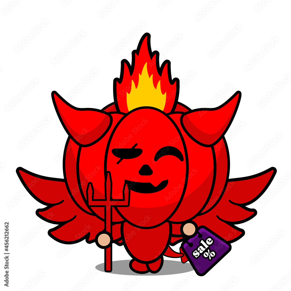 cartoon vector illustration of cute red devil pumpkin mascot character holding a selling bag