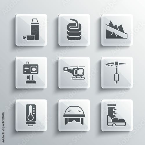 Set Hockey helmet, Waterproof rubber boot, Ice axe, Rescue helicopter, Meteorology thermometer, Action camera, Thermos container and Mountain descent icon. Vector