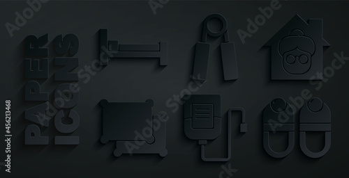 Set IV bag, Nursing home, Pillow, Slippers, Sport expander and Bed icon. Vector