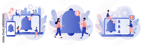 Notifications. Ring bell as reminder pop up. Tiny people get chat messages notification on smartphone or laptop. Modern flat cartoon style. Vector illustration on white background