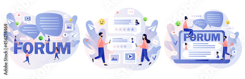 Online forum concept. Internet chat messages, dialog, conversation in social media, networking. Tiny people communication in community group. Modern flat cartoon style. Vector illustration