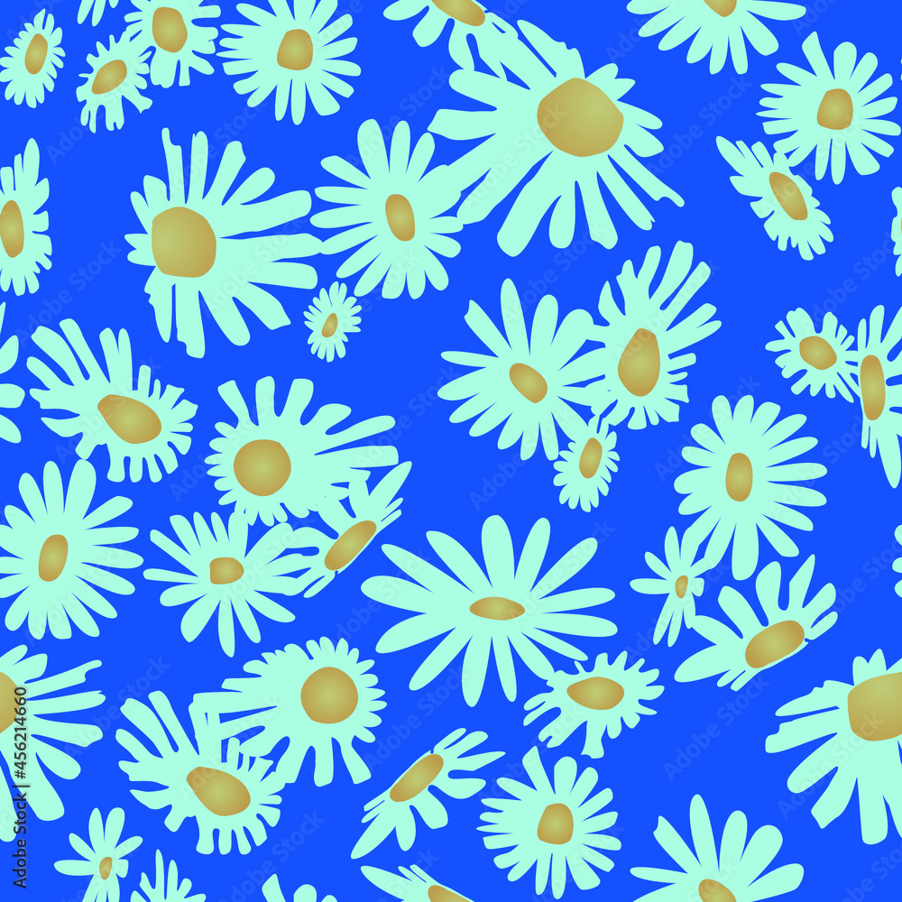 Obraz premium seamless pattern with the image of chamomile flowers on a blue background for prints on fabrics, packaging, clothes, bedding and for interior decoration, covers, frames