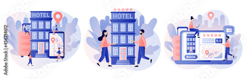 Booking hotel online. Tiny people search and choose hotel or apartment. Reservation application interface. Tourist and business trip. Modern flat cartoon style. Vector illustration on white background