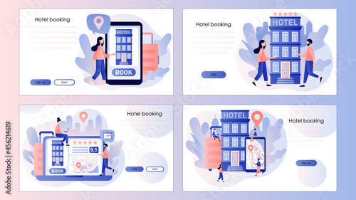 Booking hotel online. Search hotel and apartments. Reservation application interface. Business trip. Screen template for landing page, template, ui, web, mobile app, poster, banner, flyer. Vector 
