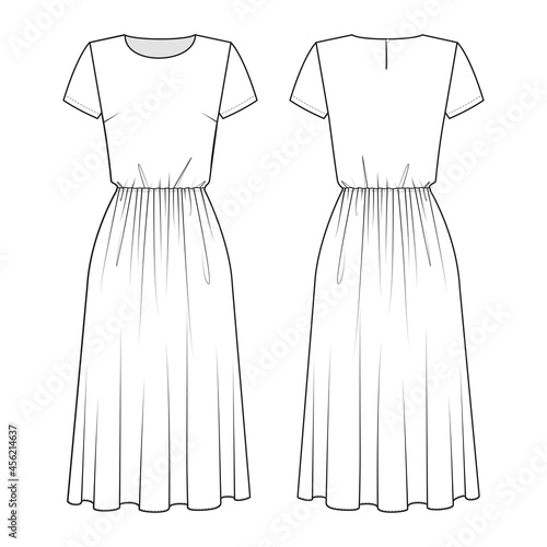 Fashion technical drawing of dress with short sleeves and gathered skirt