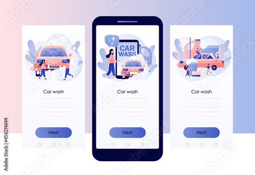 Car wash service. Transport is clean. Tiny people washing automobile with water and foam. Screen template for mobile, smartphone app. Modern flat cartoon style. Vector illustration on white background