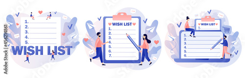 Wishlist online concept. Gift and shopping list. Tiny people writing down wishes. Personal favourites list. Order and payment. Modern flat cartoon style. Vector illustration on white background