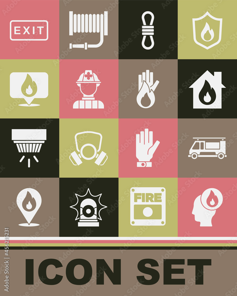 Set Firefighter, truck, in burning house, Climber rope, Location with fire flame, exit and No icon. Vector Set Firefighter, truck, in burning house, Climber rope, Location with fire flame, exit and No icon. Vector