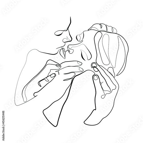 Continuous line of men and women show their love, kiss Valentine's Day Love Thailand vector illustration, hand-drawn lines, simple wedding couples.