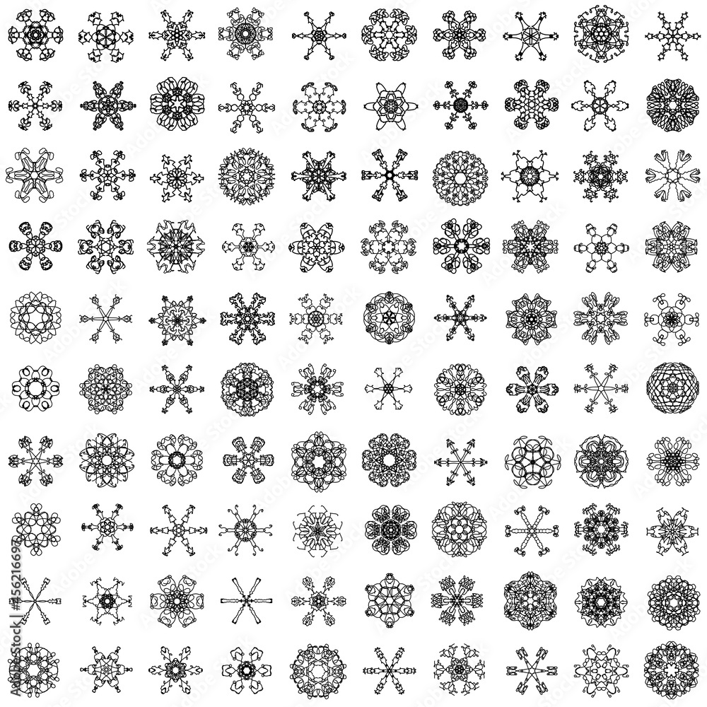 set of different hundred snowflakes isolated on a white background