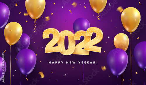 2022 Happy new year celebration vector illustration. Golden Christmas numbers and balloons on purple background