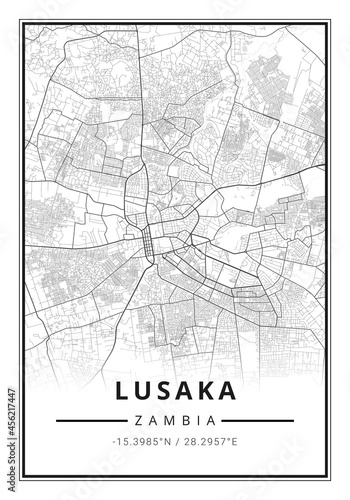 Street map art of Lusaka city in Zambia - Africa