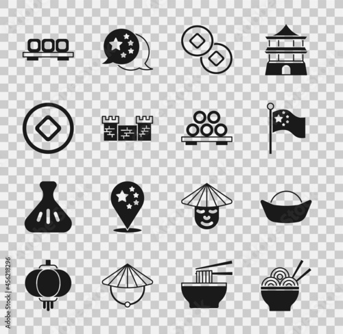 Set Asian noodles in bowl, Sushi, China flag on flagpole, Chinese Yuan currency, Great wall of, cutting board and icon. Vector