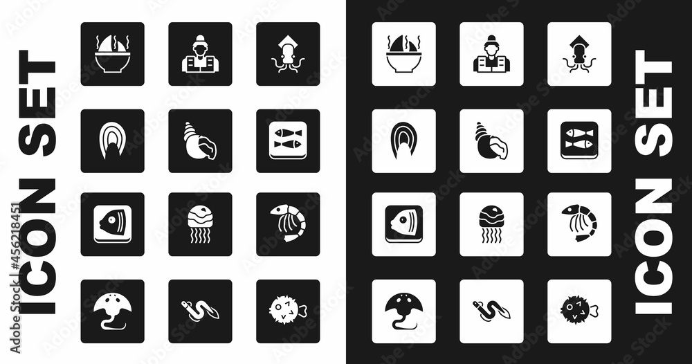 Set Octopus, Scallop sea shell, Fish steak, Shark fin soup, Canned fish, Fisherman, Shrimp and head icon. Vector Set Octopus, Scallop sea shell, Fish steak, Shark fin soup, Canned fish, Fisherman, Shrimp and head icon. Vector