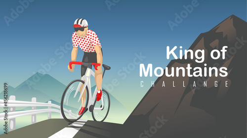 king of mountains challange. cyclist ride road bike up hill cycling with mountains background. flat style vector illustration