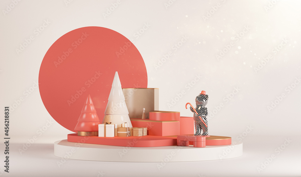 Minimal scene with balls and pine trees, gifts, podium with gold and ...