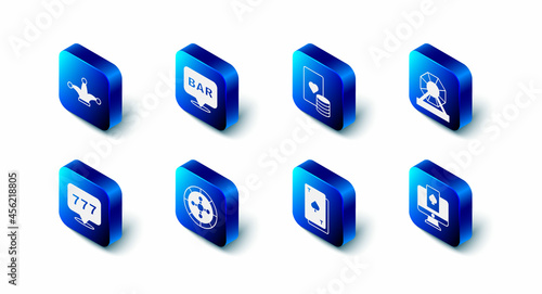 Set Alcohol bar location, Casino chip and playing cards, Lottery machine, Online poker table game, Playing with spades, roulette wheel, Slot jackpot and Joker icon. Vector