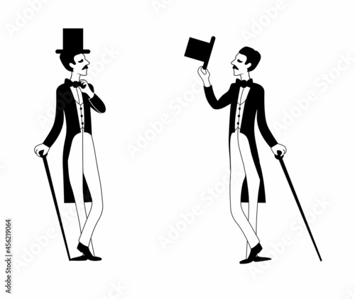 Two gentlemen greet each other. Vector contour black illustration