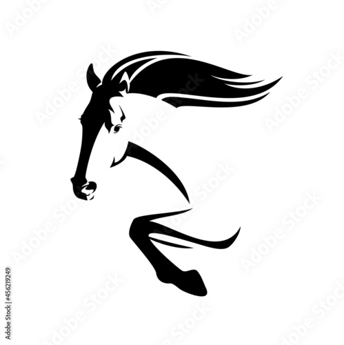 beautiful mustang horse jumping forward - speeding stallion side view black and white vector head and legs portrait