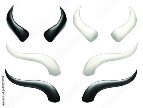 Devil horns vector illustration set. Red, Black and white horn collection. Demon horns isolated.