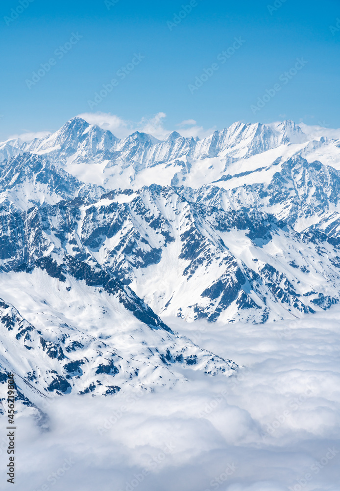 Switzerland, Panoramic view on Snow Alps and Blue Sky around Titlis mountain