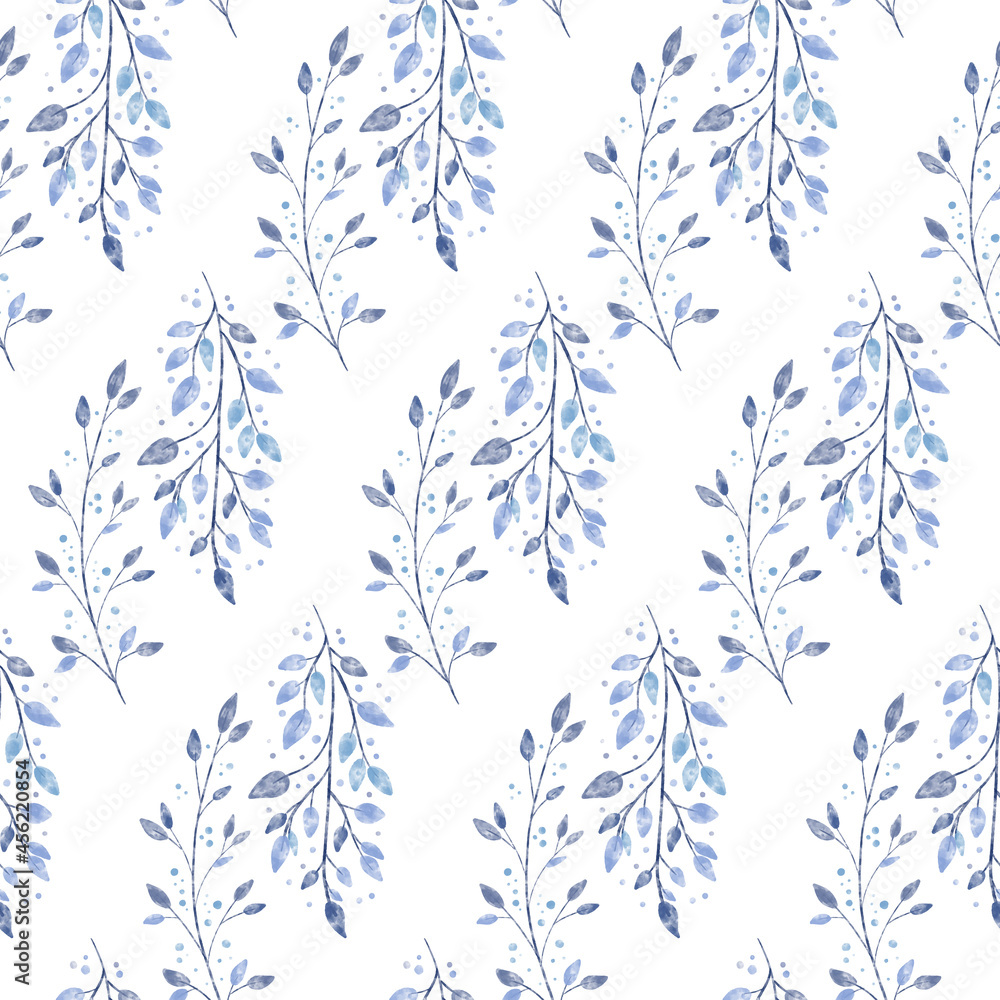 Fototapeta Delicate retro watercolor textured winter floral seamless pattern with frozen tree branch with leaves and snowflake dots. Vintage navy blue plant watercolour silhouette on white backdrop.
