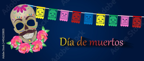 Día de los Muertos, Mexican holiday - Day of the Dead. Vector illustration of realistic sugar skull - mexican festive multicolored flags