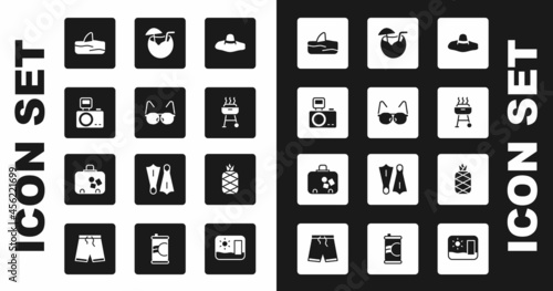 Set Elegant women hat, Glasses, Photo camera with flash, Shark fin in ocean wave, Barbecue grill, Coconut cocktail, Pineapple and Suitcase icon. Vector