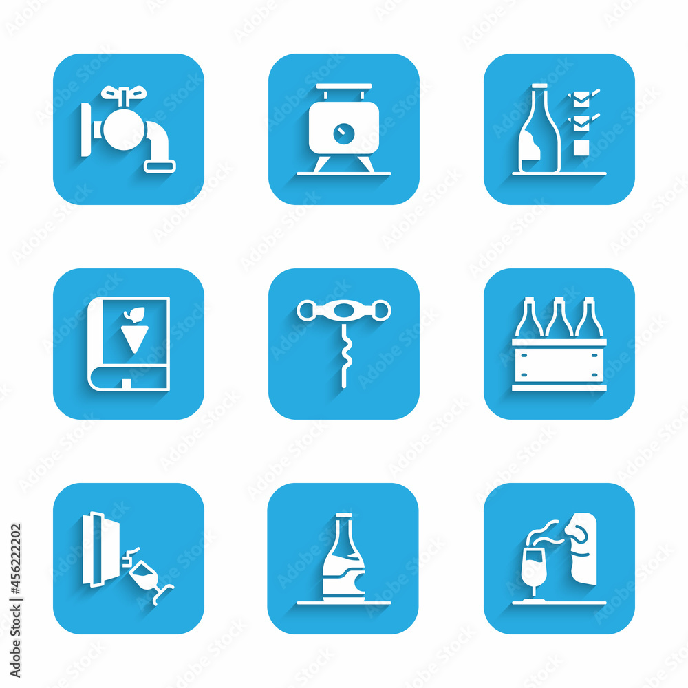 Set Wine corkscrew, Bottle of wine, Sommelier, Bottles box, tasting, degustation, Book about grapes, and Tap for barrel icon. Vector Set Wine corkscrew, Bottle of wine, Sommelier, Bottles box, tasting, degustation, Book about grapes, and Tap for barrel icon. Vector