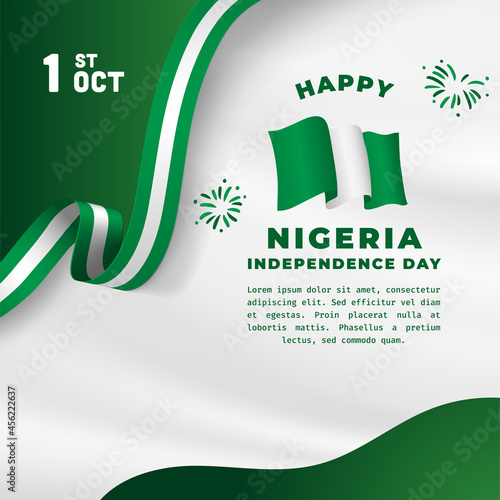 Square Banner illustration of Nigeria independence day celebration. Waving flag and hands clenched. Vector illustration.