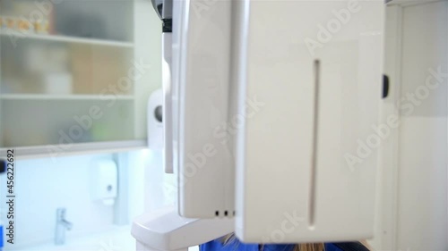 Woman Patient Standing In Dental Computed Tomograph. Dentistry, Medicine And Healthcare Concept. Close Up