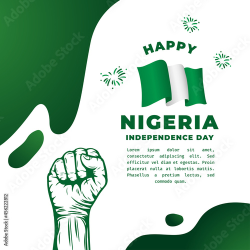 Square Banner illustration of Nigeria independence day celebration. Waving flag and hands clenched. Vector illustration.