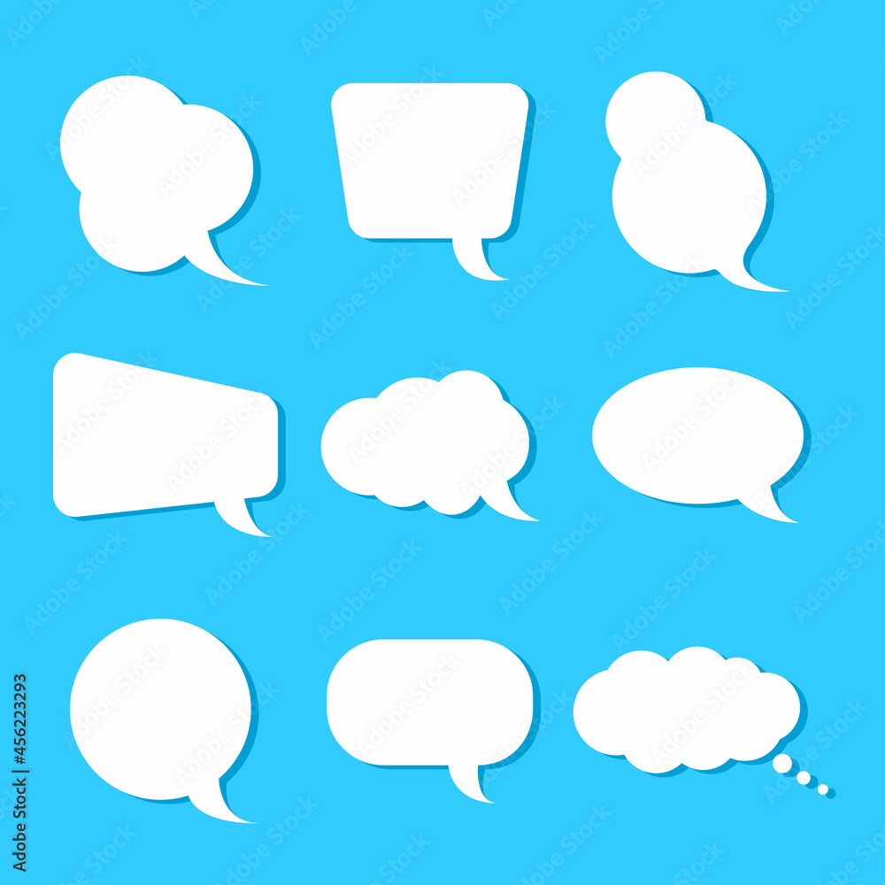 Set of blank white speech bubbles in different shapes. Cartoon doodle concept. Template design for questions, business, chat, media, social, communication, notes, presentation advertising. Vector Set of blank white speech bubbles in different shapes. Cartoon doodle concept. Template design for questions, business, chat, media, social, communication, notes, presentation advertising. Vector