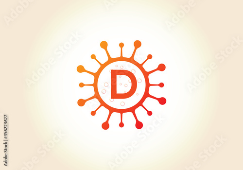 Letter D monogram alphabet with Coronavirus cells. Lab logo sign symbol design vector template. Font emblem. Coronavirus (Covid-19). Stop Coronavirus