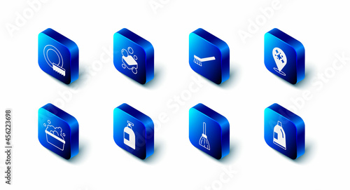 Set Bar of soap, Brush for cleaning, Home service, Bottle agent, Handle broom, Dishwashing liquid bottle, Basin with suds and Washing dishes icon. Vector
