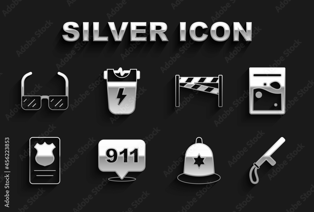 Set Telephone call 911, Plastic bag of drug, Police rubber baton, British police helmet, badge with id case, Crime scene, Safety goggle glasses and electric shocker icon. Vector Set Telephone call 911, Plastic bag of drug, Police rubber baton, British police helmet, badge with id case, Crime scene, Safety goggle glasses and electric shocker icon. Vector