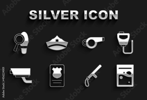 Set Police badge with id case, Walkie talkie, Plastic bag of drug, rubber baton, Security camera, Whistle, Footsteps and cap cockade icon. Vector