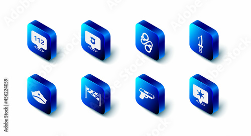 Set Police badge, Handcuffs, Military knife, Hexagram sheriff, Pistol or gun, Crime scene, cap with cockade and Telephone call 112 icon. Vector