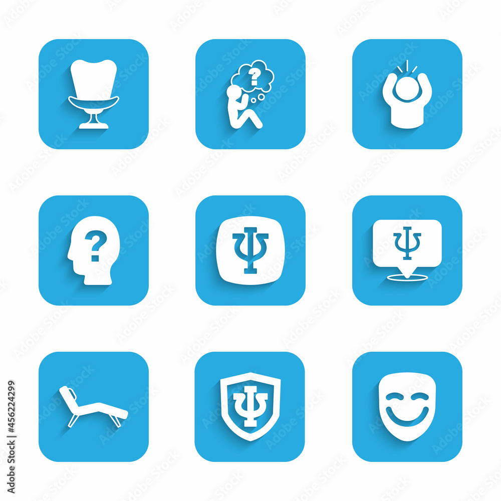 Set Psychology, Psi, Comedy theatrical mask, Armchair, Head with question mark, Anger and icon. Vector Set Psychology, Psi, Comedy theatrical mask, Armchair, Head with question mark, Anger and icon. Vector