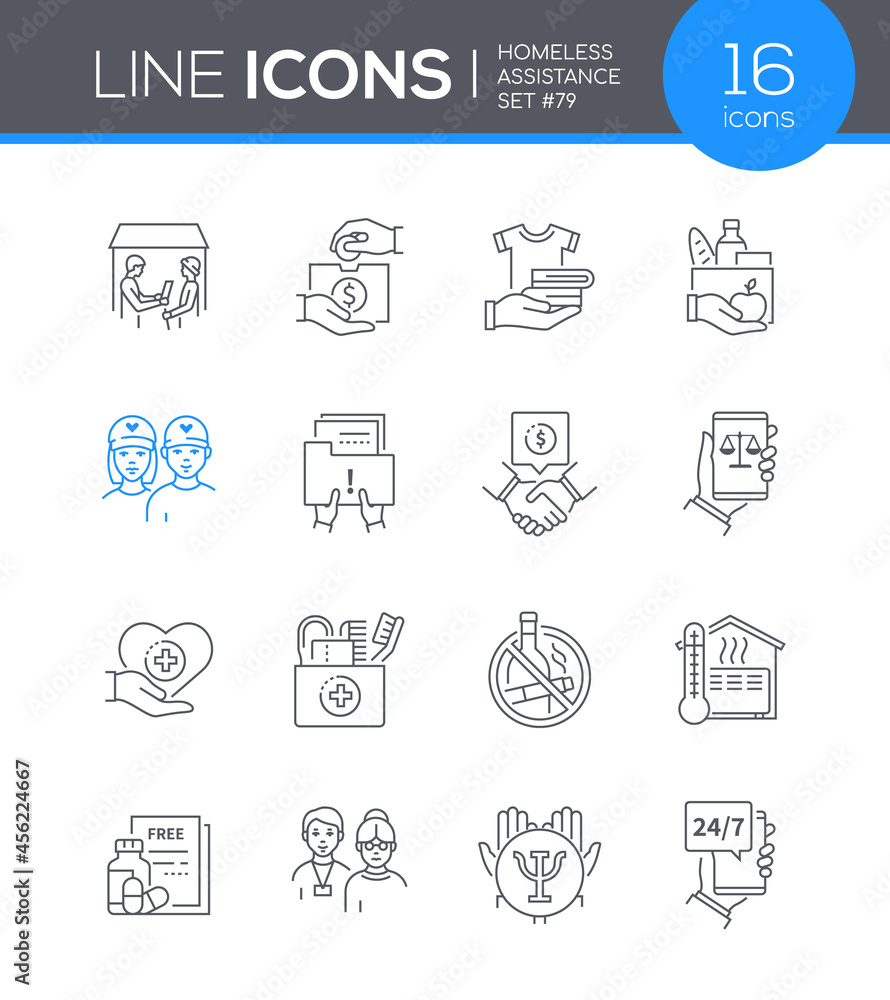 Homeless assistance - modern line design style icon set Homeless assistance - modern line design style icon set