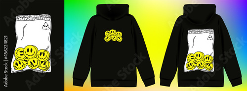 Abstract poster of funny drugs in zip package. Stylish sweatshirt with a hood in Acid Graphic style, trendy streetwear, vector illustration