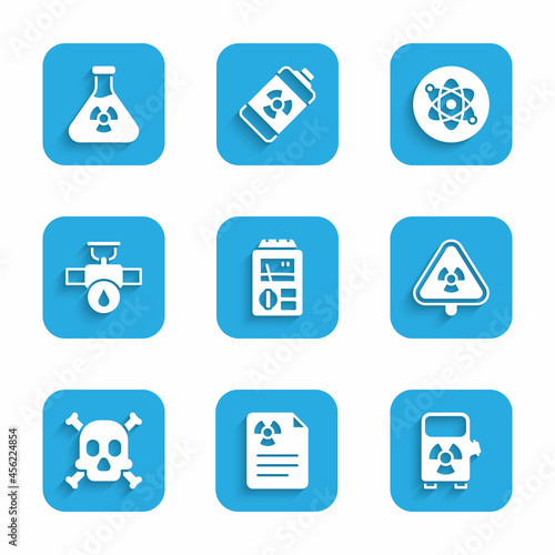 Set Dosimeter, Radiation warning document, Electric car charging station, Triangle with radiation, Bones and skull, Industry pipe valve, Atom and Test tube icon. Vector