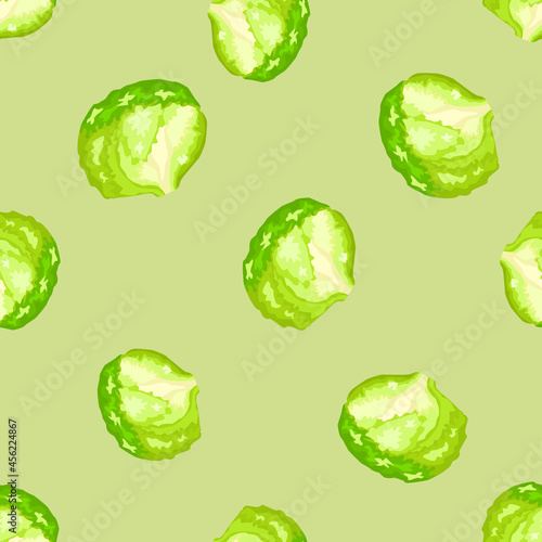 Seamless pattern iceberg salad on pastel green background. Simple ornament with lettuce.